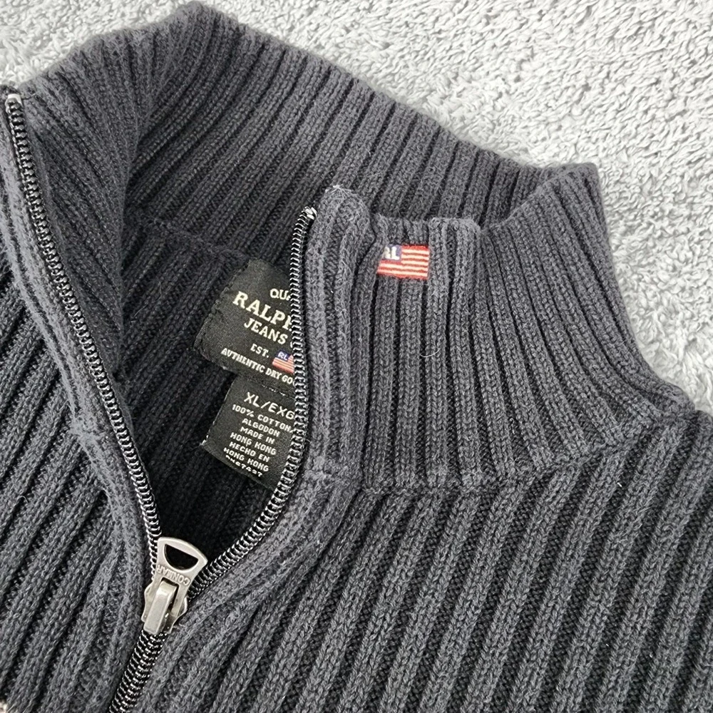 Polo Jeans Ralph Lauren Sweater Mens XL Black Stripe Ribbed Full Zip Y2K Vintage
